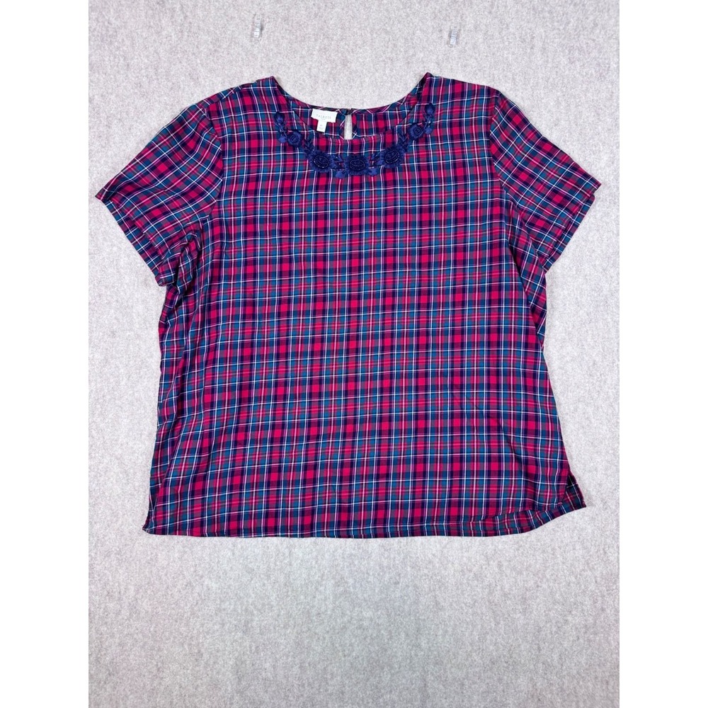 k91. Talbots XL Red Navy Plaid Short Sleeve Blouse Beaded Floral Neckline Top - Picture 2 of 5